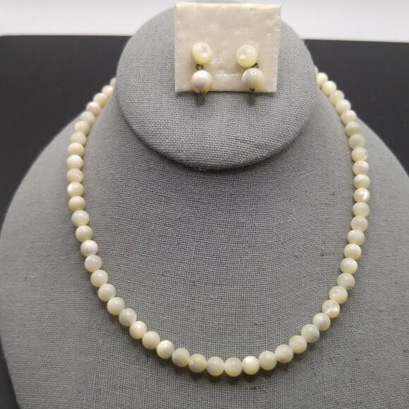 Vintage Mother of Pearl Beaded Necklace Post Earrings Set, 16 Inch & 3/4 Inch - Picture 1 of 6